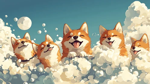 Joyful corgi puppies laugh together in fluffy soap bubbles.