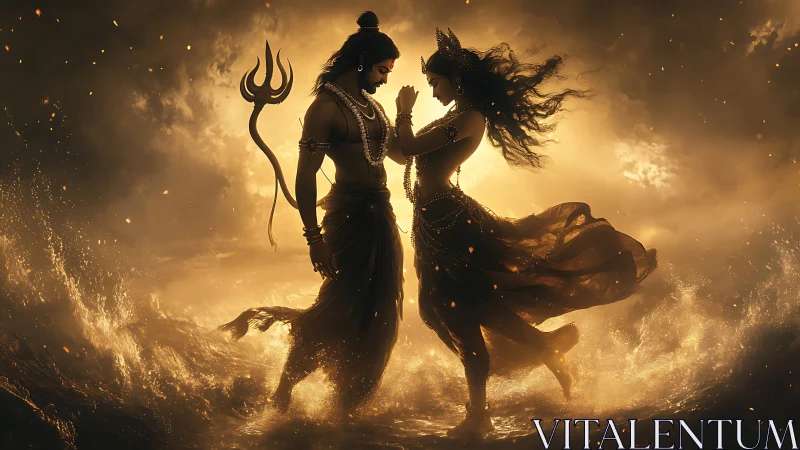 Divine couple silhouettes merge within incandescent storm surf