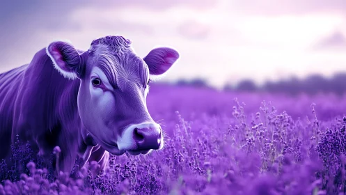 Lavender-toned cow rendered in hyperreal pastoral lighting