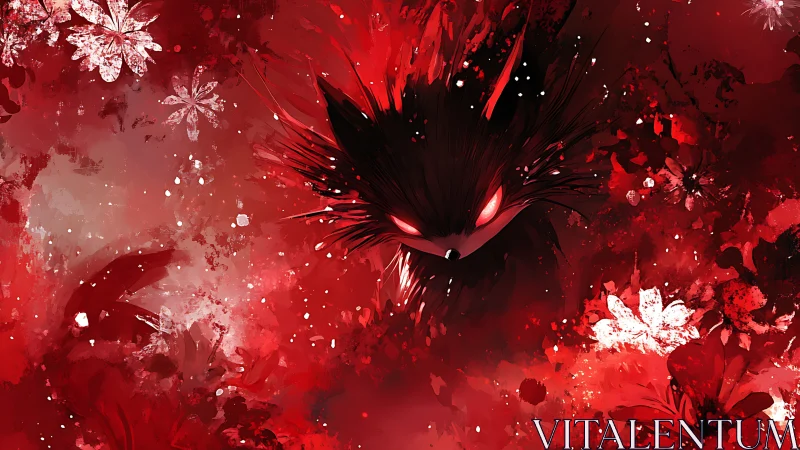 Dark red demon fox with glowing eyes in abstract chaos.