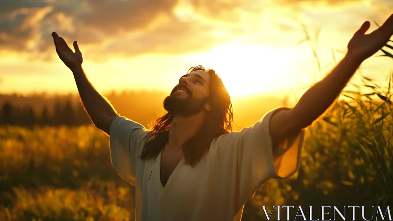 Man with raised arms in sunlit field at golden sunset.