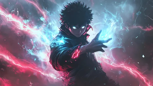 Dark figure with dual-colored energy discharges in void.