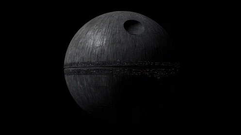 Spherical battle station render with axial trench detailing.