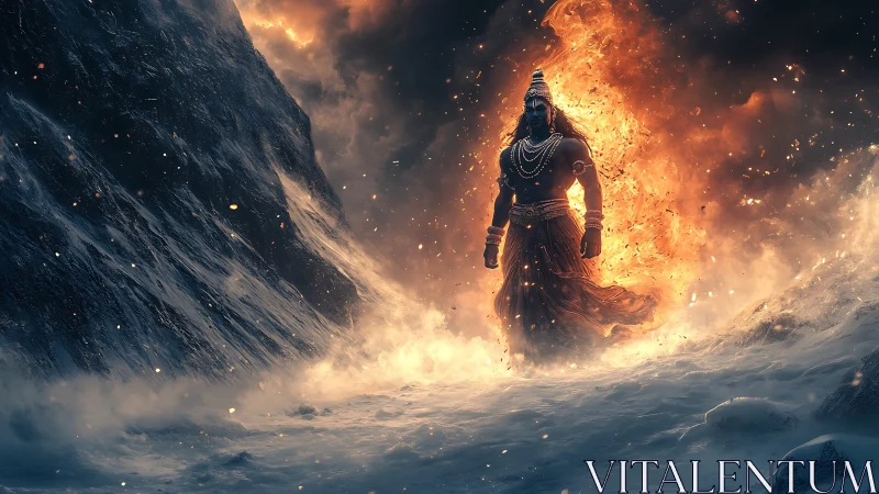 Fiery deity figure walking through stormy snowfield scene.
