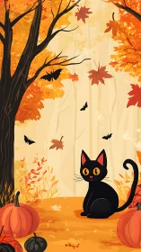 Autumn Halloween Scene with Black Cat Among Fall Foliage and Pumpkins