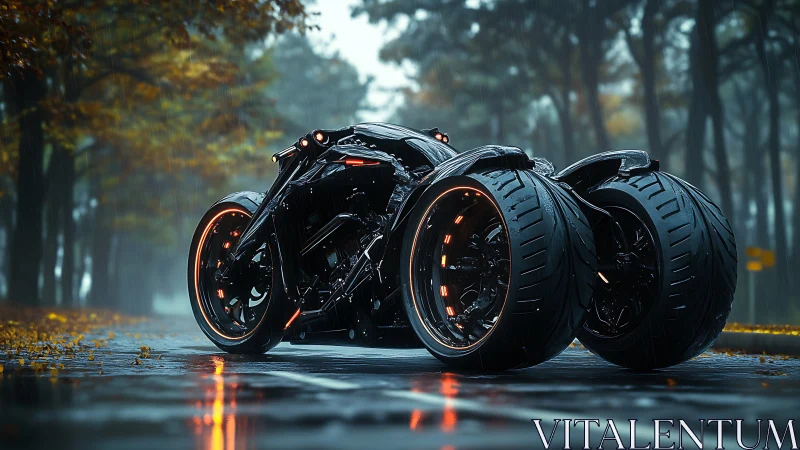 Futuristic three‑wheel motorcycle on wet forest roadway.