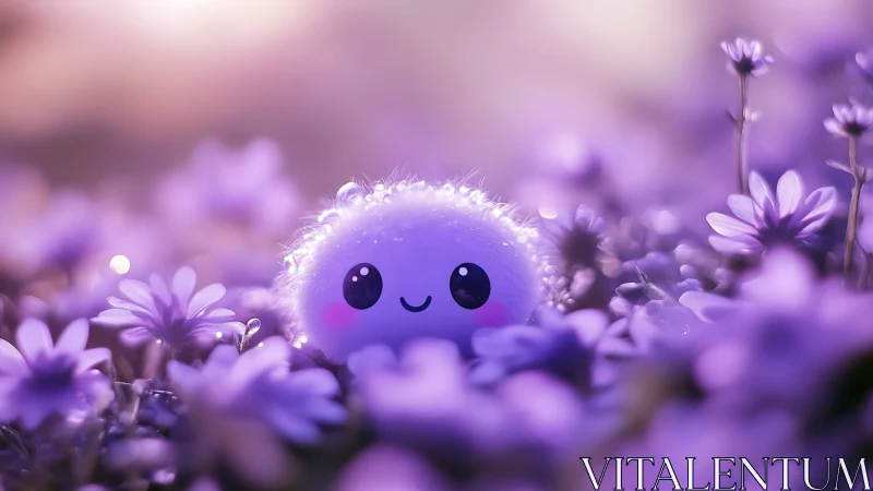 Moonlit puffball smiles amid dreamy violet blossoms.
