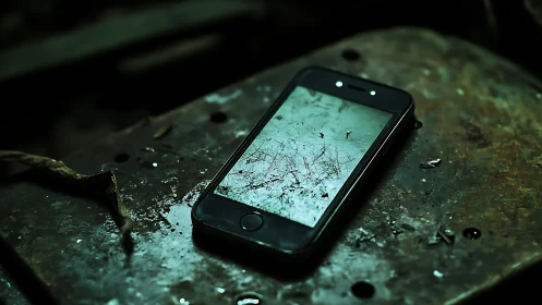 Forgotten phone reflecting ghostly branches in teal gloom.