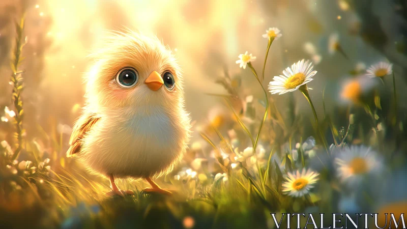 Fluffy Chick in Sunlit Daisy Meadow