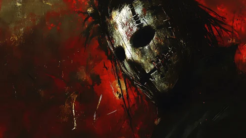 Scarred metal mask looms from blood-red abstract darkness