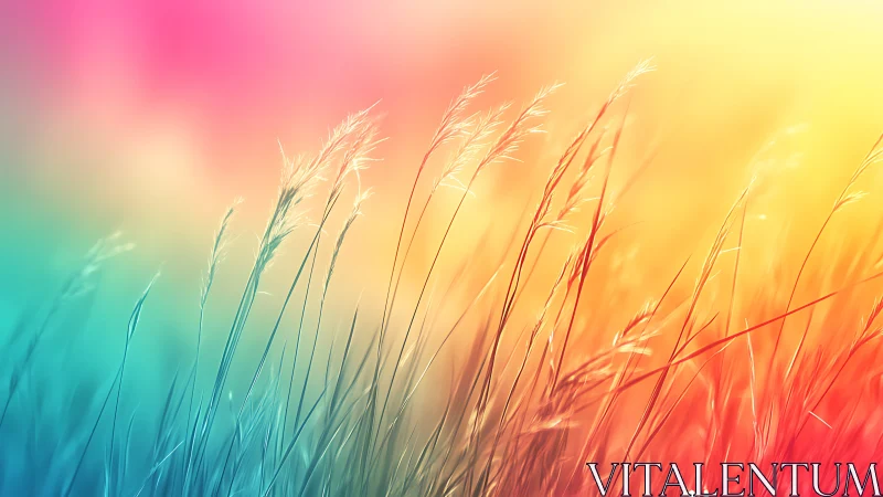 Colorful tall grass against soft rainbow sky gradient.