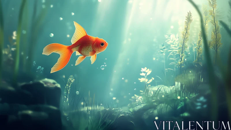 Goldfish drifts through sunlit aquatic forest scene.