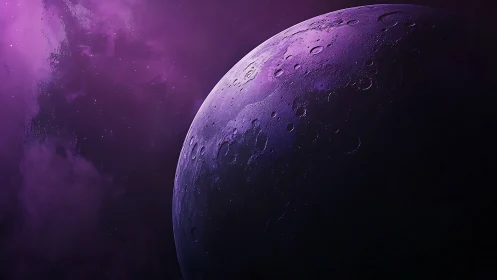 Luminous purple planet emerging from deep cosmic shadow.