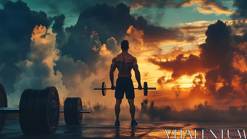 Muscular lifter silhouettes against dramatic sunset clouds