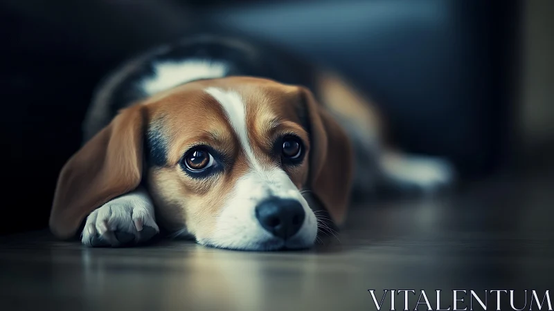 Beagle lies on hardwood floor with head resting and direct gaze