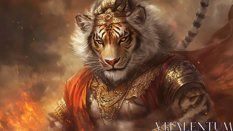 Tiger warlord in ornate armor amid swirling firestorm.