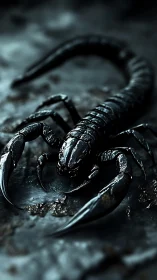 Macro rendering of metallic scorpion morphology in wet substrate.