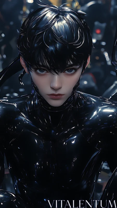 Dark-haired figure in reflective synthetic bodysuit portrait.