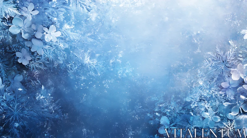 Crystalline Blue Floral Composition with Snowflake Elements.