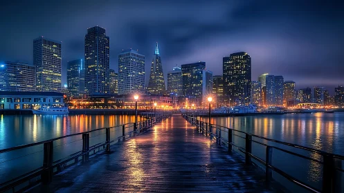 Nighttime urban waterfront skyline viewed from wooden pier.