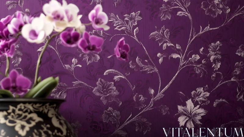 Orchid focal blur against embossed plum floral wallpaper field.