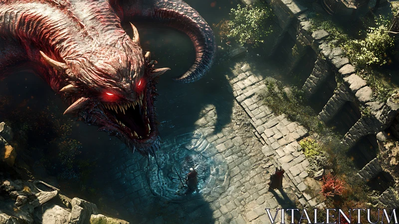 Giant horned creature confronting figures on stone path.