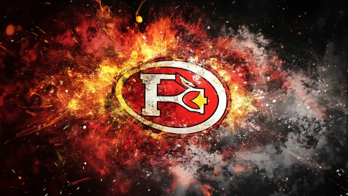 Explosive red emblem with stylized H crest in particle detonation.