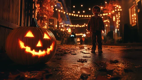 Glowing jack o lantern lights wet Halloween street at night