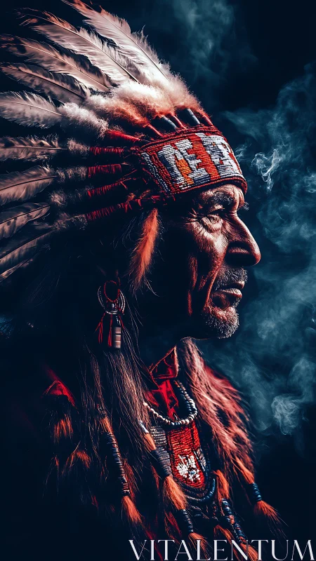 Portrait in profile with feathered headdress and smoke.