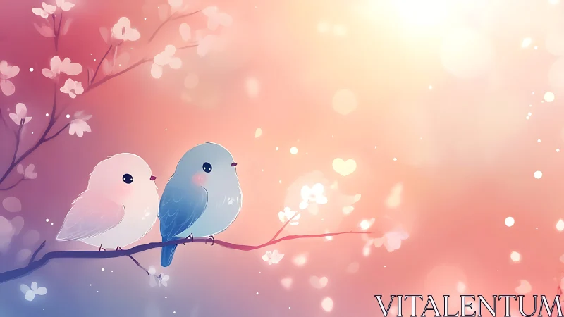 Two Birds on Branch with Floral Background.