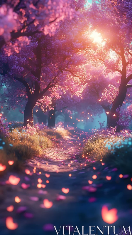 Enchanted cherry blossom path glowing with gentle pastel light.