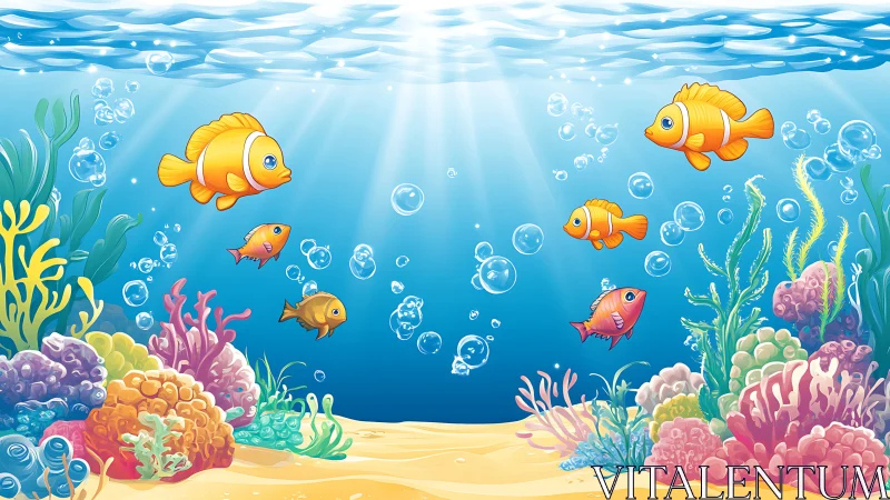 Chromatic coral reef ecosystem with stylized reef fish schooling.