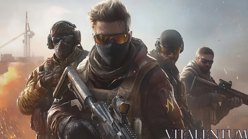 Squad of tactical heroes standing strong in battle smoke.