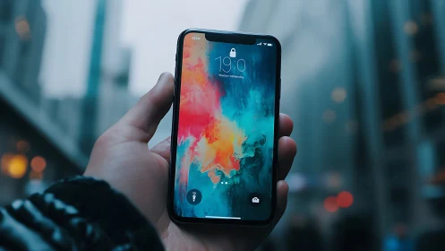 Smartphone with abstract watercolor lock screen display.