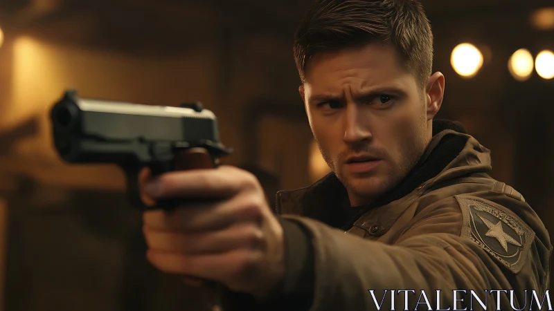 Armed soldier aims handgun in tense low light standoff