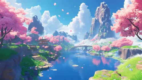 Cherry blossom valley surrounds tranquil blue river and bridge