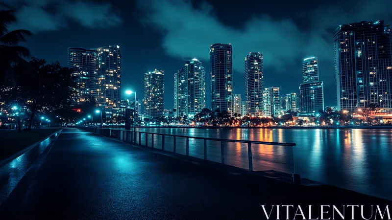 Wet waterfront promenade reflects cyan-lit high rise skyline