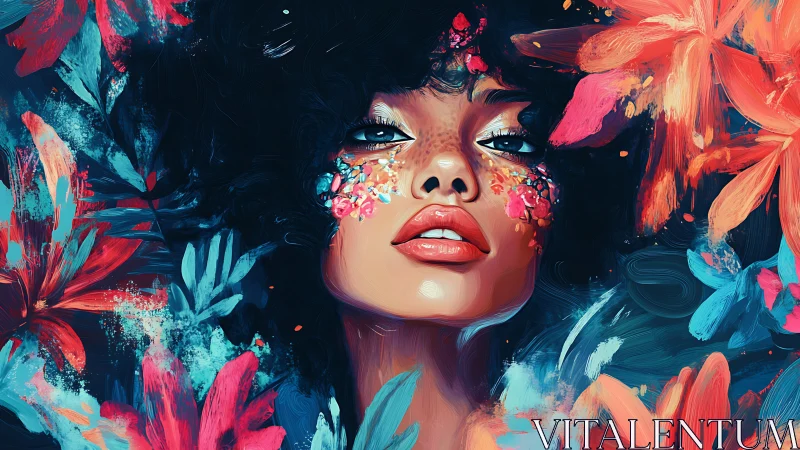 Chromatic portrait of floral-adorned woman in digital paint.