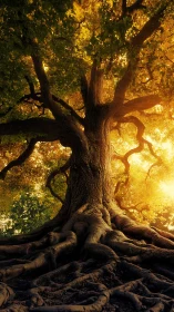Golden forest tree glowing with roots and gentle evening light.
