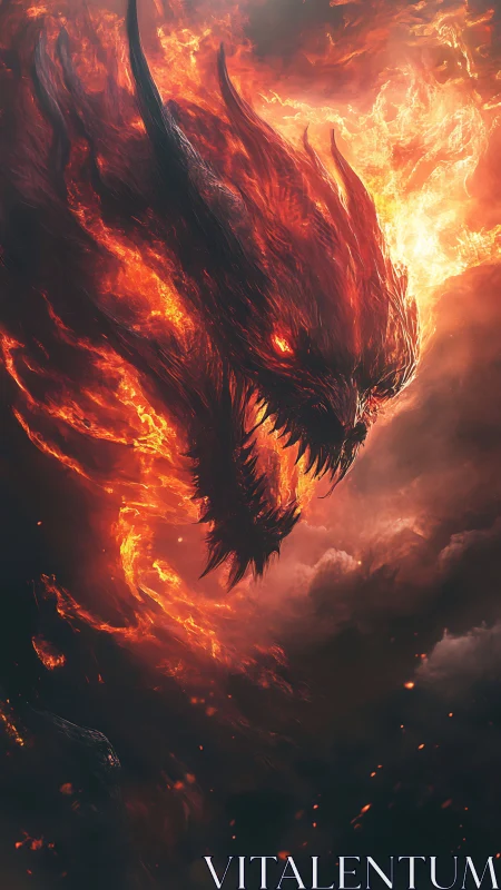 Fiery horned creature head emerges within dense swirling flames