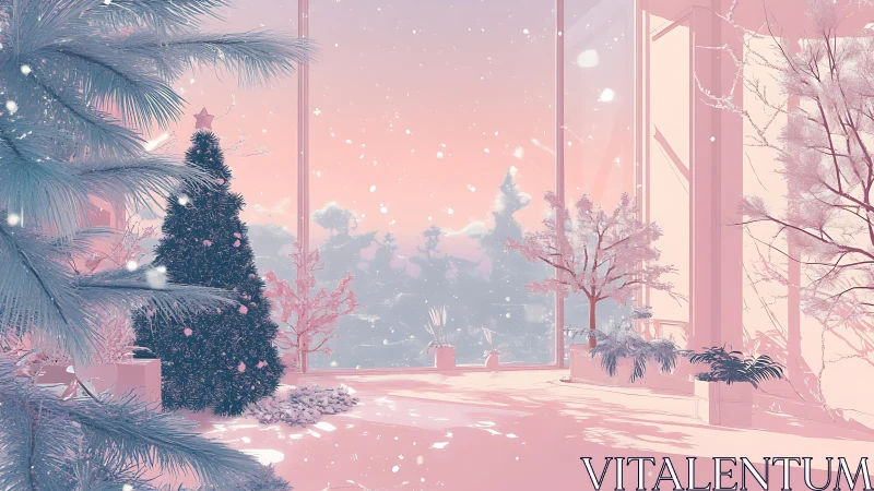 Soft pastel winter atrium with stylized conifers and diffuse snow
