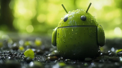 Rain-soaked green android figurine on wet forest floor