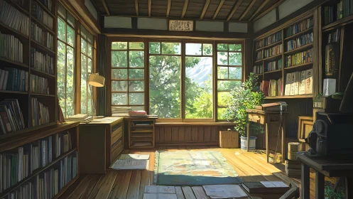 Sunlit wooden study with bookshelves and garden view.