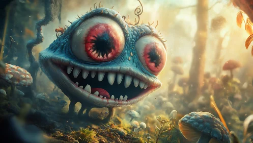 Wide mouthed blue monster stands among glowing forest mushrooms