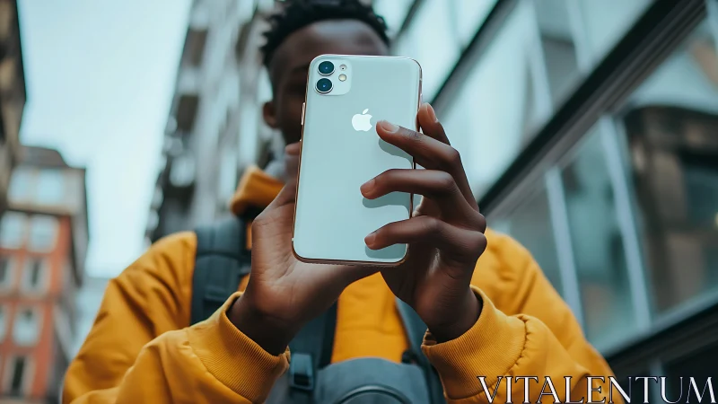 Person in yellow jacket holding Apple iPhone 11 outdoors