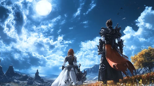 Armored fantasy pair observing vast bright sky scene.