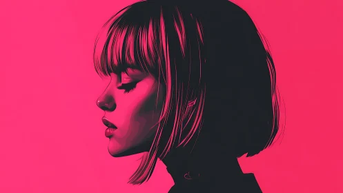 Neon pink profile portrait exudes calm, introspective mood.