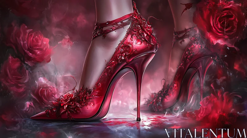 Crimson floral stilettos rise from swirling rose mist