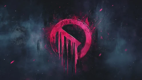 Bold pink symbol dripping through a moody cosmic haze.