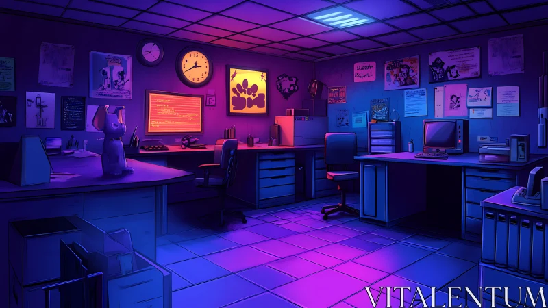Cozy neon-lit office where late-night stories quietly unfold.